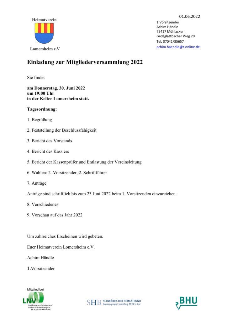 Einladung Zur Mitgliederversammlung 2022 – Heimatverein Lomersheim E.V.